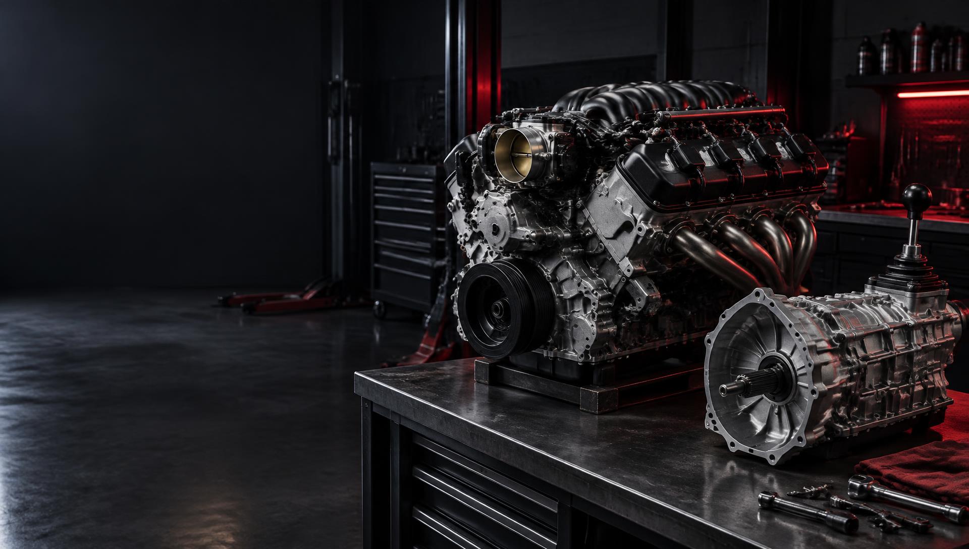 High-performance engine and manual transmission in the Apex Powertrain workshop
